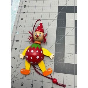 Vintage Wooden Pull‎ String Clown Doll Strawberry Outfit Hanging Ornament Toy
